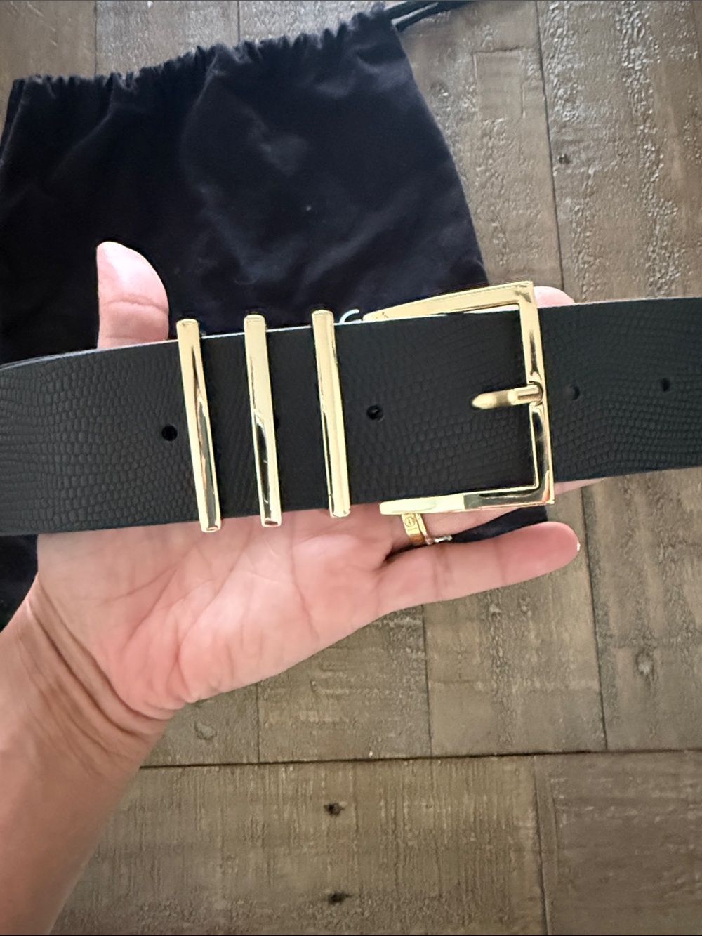 Anine Bing Black Textured Leather Belt with Gold Buckle Hardware - Picture 3 of 4